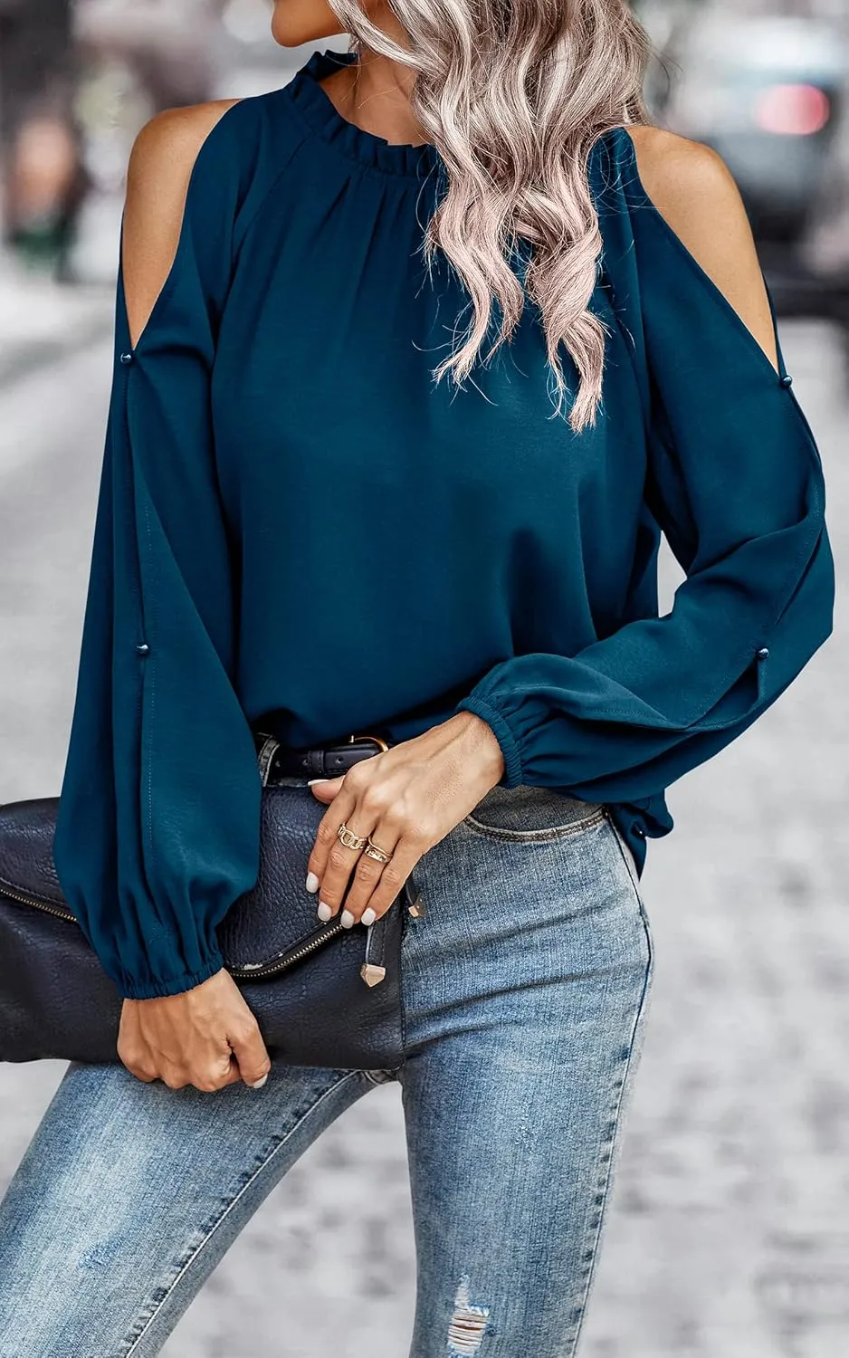 CCTOO Womens Tops Dressy Casual Cold Shoulder Ruffle Collar Blouses Fall Fashion Shirts for Work