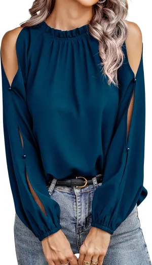 CCTOO Womens Tops Dressy Casual Cold Shoulder Ruffle Collar Blouses Fall Fashion Shirts for Work