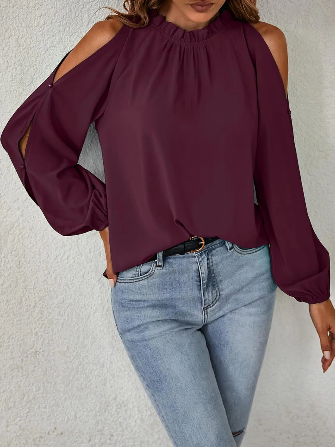 CCTOO Womens Tops Dressy Casual Cold Shoulder Ruffle Collar Blouses Fall Fashion Shirts for Work