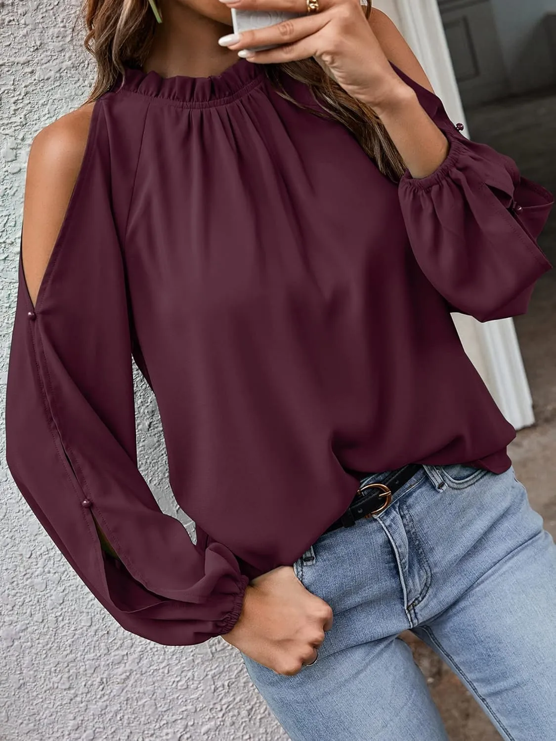 CCTOO Womens Tops Dressy Casual Cold Shoulder Ruffle Collar Blouses Fall Fashion Shirts for Work