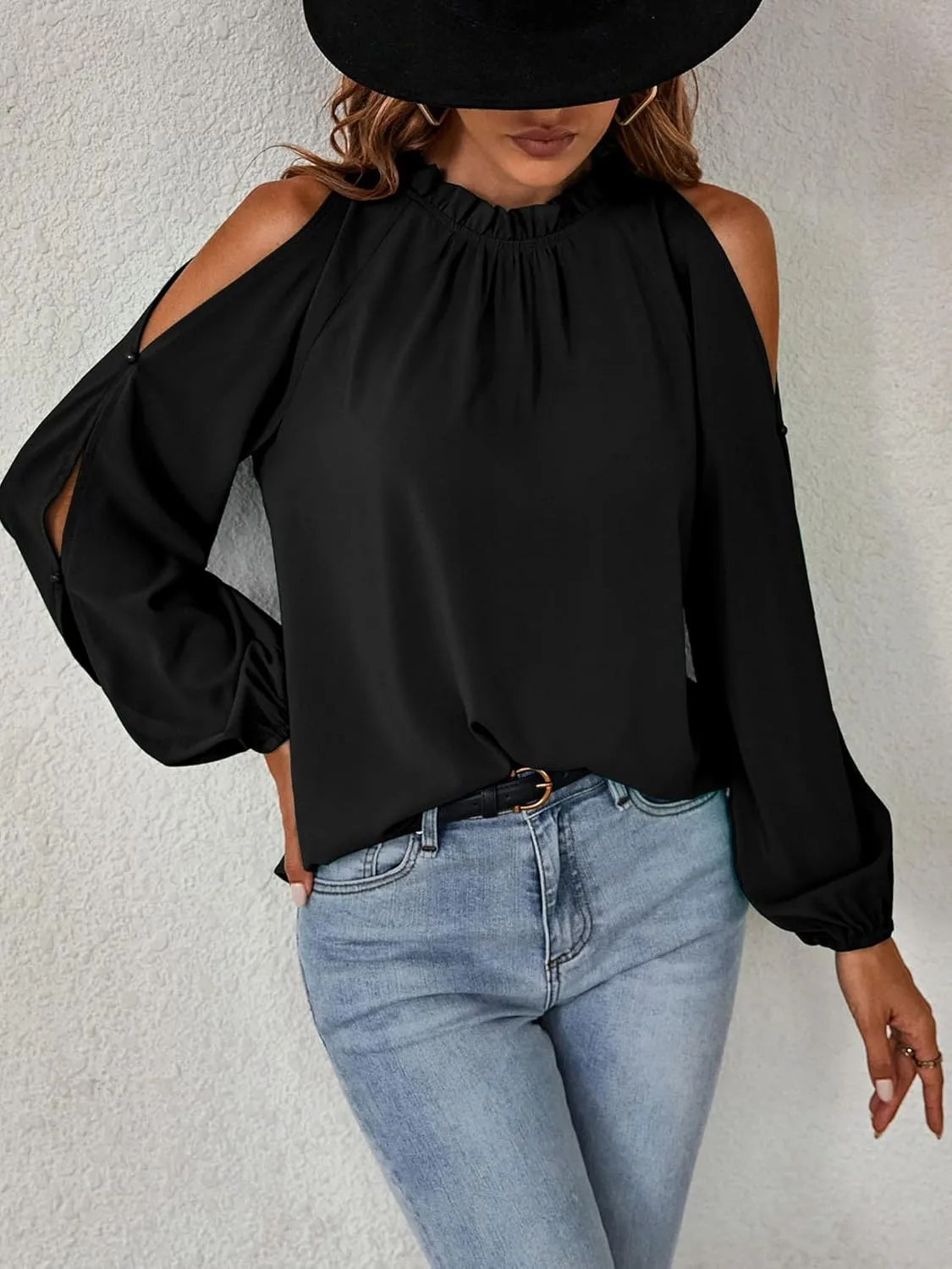 CCTOO Womens Tops Dressy Casual Cold Shoulder Ruffle Collar Blouses Fall Fashion Shirts for Work