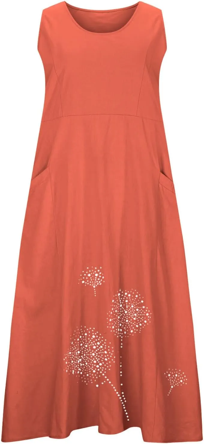 Ceboyel Womens Cotton Linen Maxi Dress Dandelion Print Long Dresses Trendy Vacation Flowy Tank Dress Boho Beach Clothes 2024