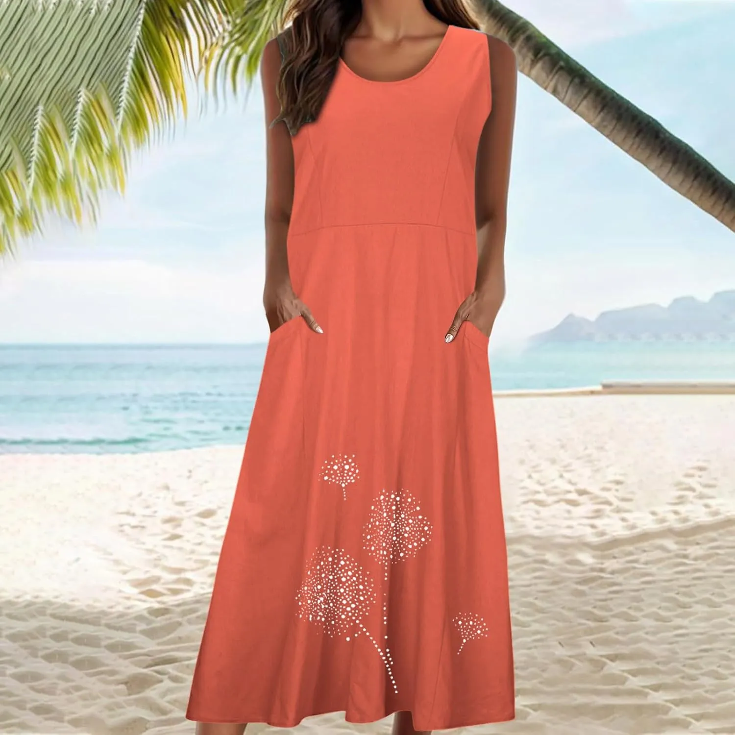 Ceboyel Womens Cotton Linen Maxi Dress Dandelion Print Long Dresses Trendy Vacation Flowy Tank Dress Boho Beach Clothes 2024