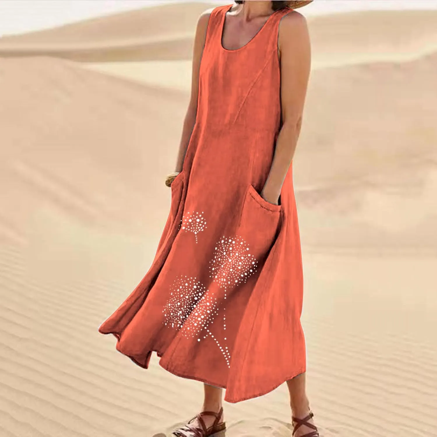 Ceboyel Womens Cotton Linen Maxi Dress Dandelion Print Long Dresses Trendy Vacation Flowy Tank Dress Boho Beach Clothes 2024