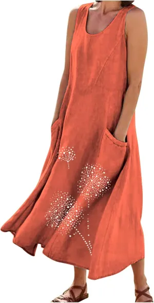 Ceboyel Womens Cotton Linen Maxi Dress Dandelion Print Long Dresses Trendy Vacation Flowy Tank Dress Boho Beach Clothes 2024