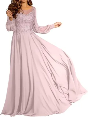 Chiffon Mother of The Bride Dresses for Wedding Long Sleeves Prom Dress Laces Applique Wedding Guest Dress