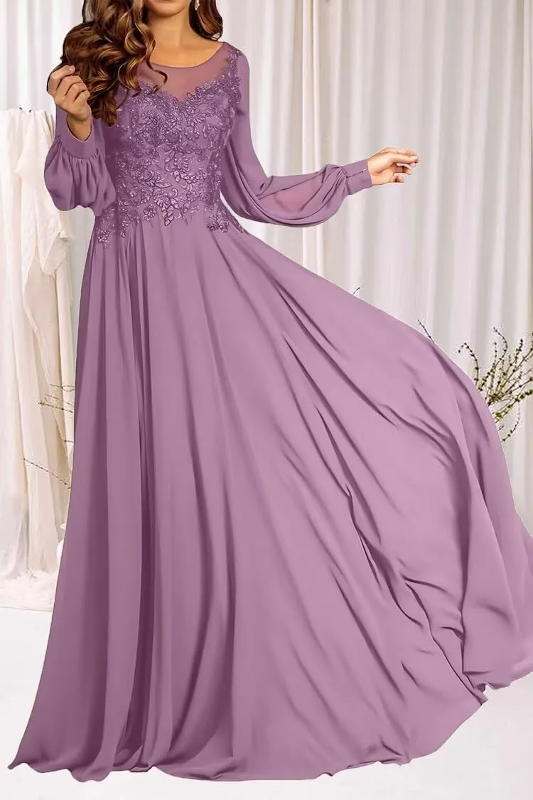 Chiffon Mother of The Bride Dresses for Wedding Long Sleeves Prom Dress Laces Applique Wedding Guest Dress