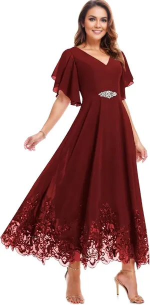 Chiffon Tea Length Mother of The Bride Dresses for Women Lace Formal Evening Dresses with Sleeves 2025