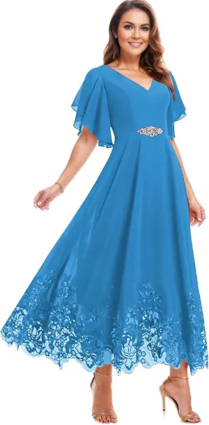 Chiffon Tea Length Mother of The Bride Dresses for Women Lace Formal Evening Dresses with Sleeves 2025