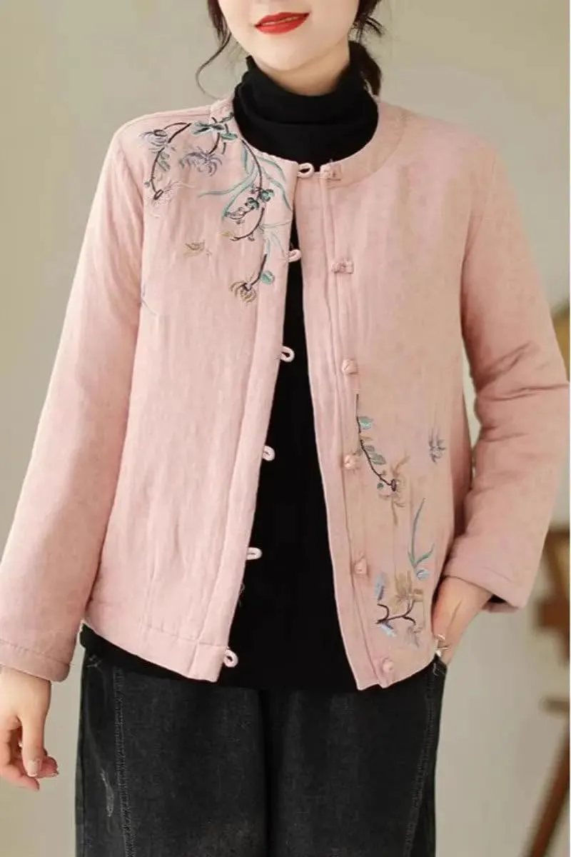 Chinese Style Retro Button Cotton Padded Jacket Women' Autumn Embroidery Coat Neck Quilted Tops