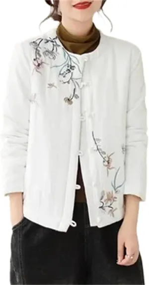 Chinese Style Retro Button Cotton Padded Jacket Women' Autumn Embroidery Coat Neck Quilted Tops
