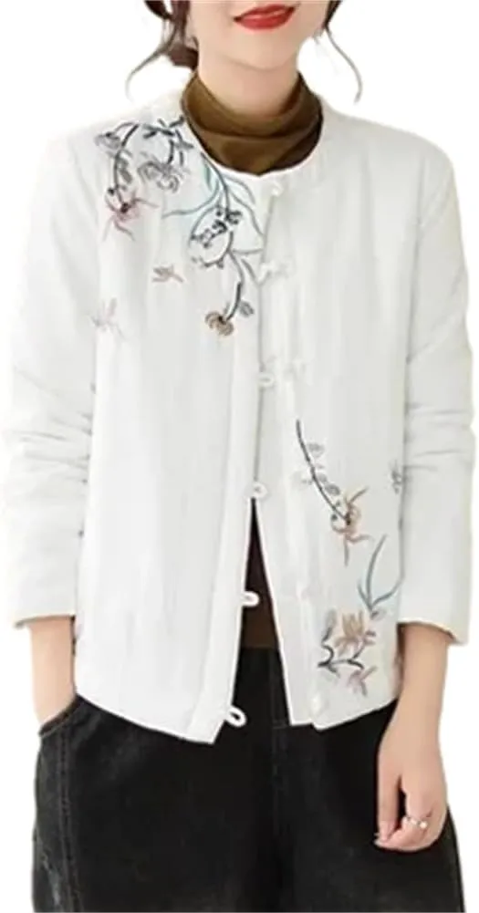 Chinese Style Retro Button Cotton Padded Jacket Women' Autumn Embroidery Coat Neck Quilted Tops