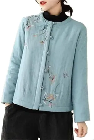 Chinese Style Retro Button Cotton Padded Jacket Women' Autumn Embroidery Coat Neck Quilted Tops