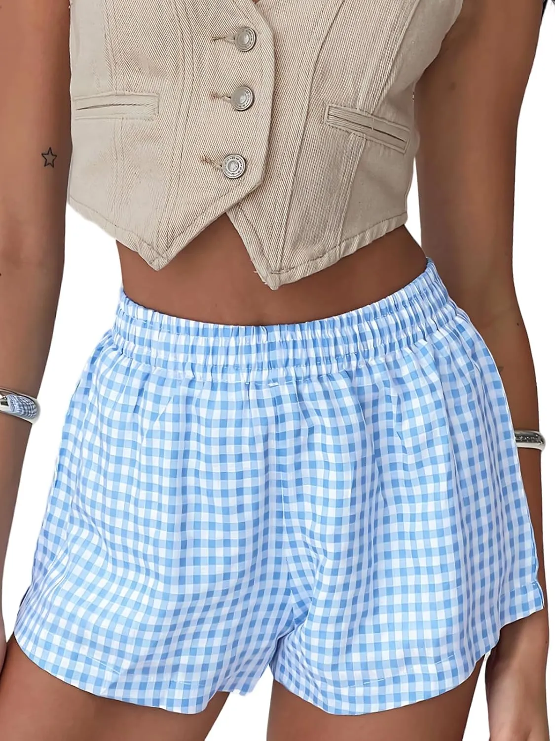 Chunoy Women's Plaid Boxer Shorts Summer Casual Gingham Pajama Bottoms Short with Pockets