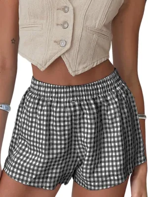 Chunoy Women's Plaid Boxer Shorts Summer Casual Gingham Pajama Bottoms Short with Pockets