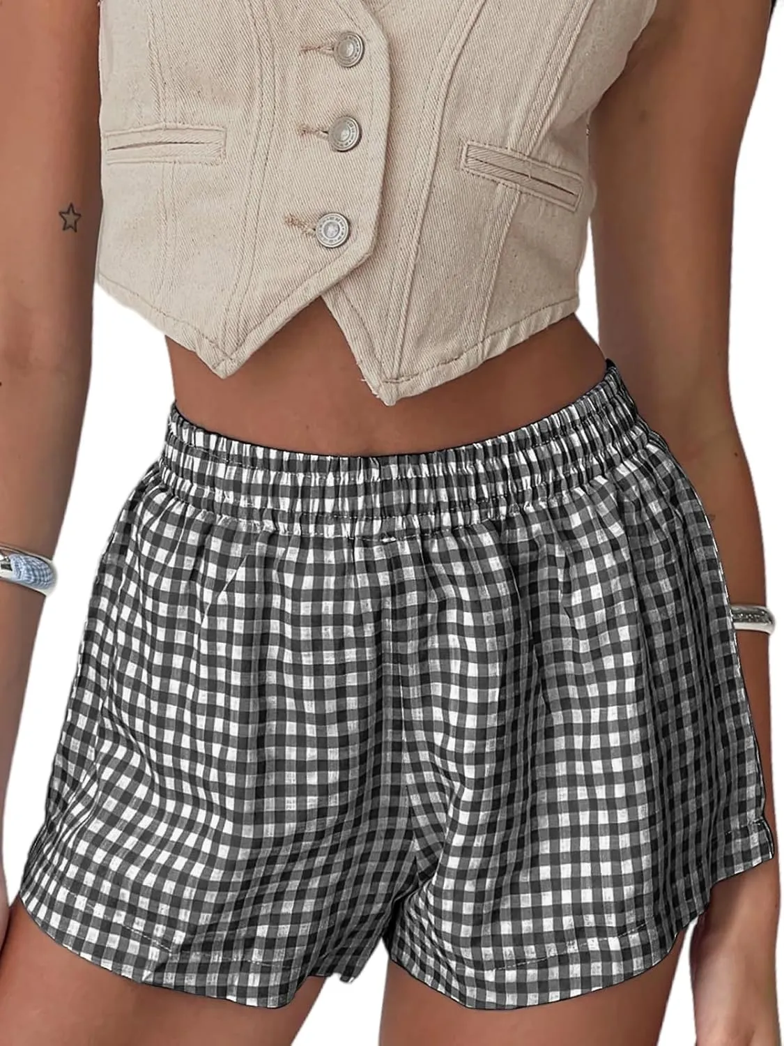 Chunoy Women's Plaid Boxer Shorts Summer Casual Gingham Pajama Bottoms Short with Pockets