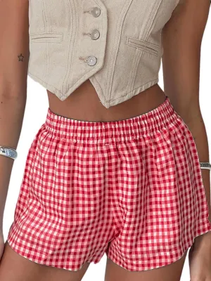 Chunoy Women's Plaid Boxer Shorts Summer Casual Gingham Pajama Bottoms Short with Pockets
