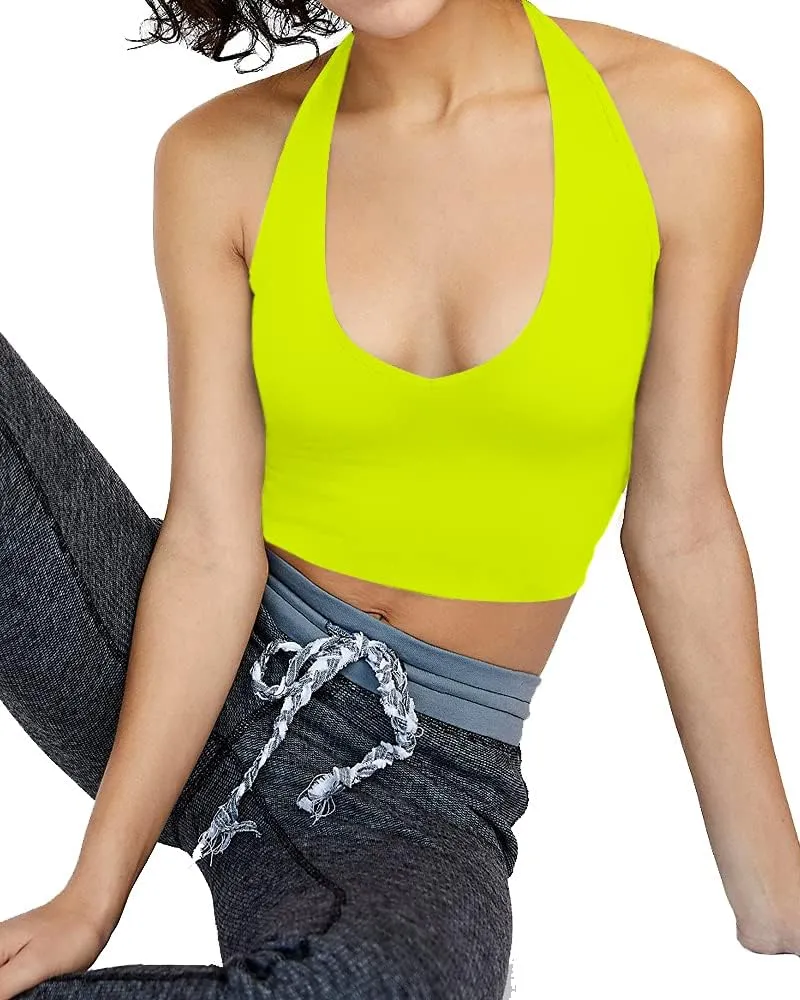 CLOZOZ Halter Crop Tops for Women V Neck Cropped Tank Tops Going Out Sleeveless Backless Trendy Top