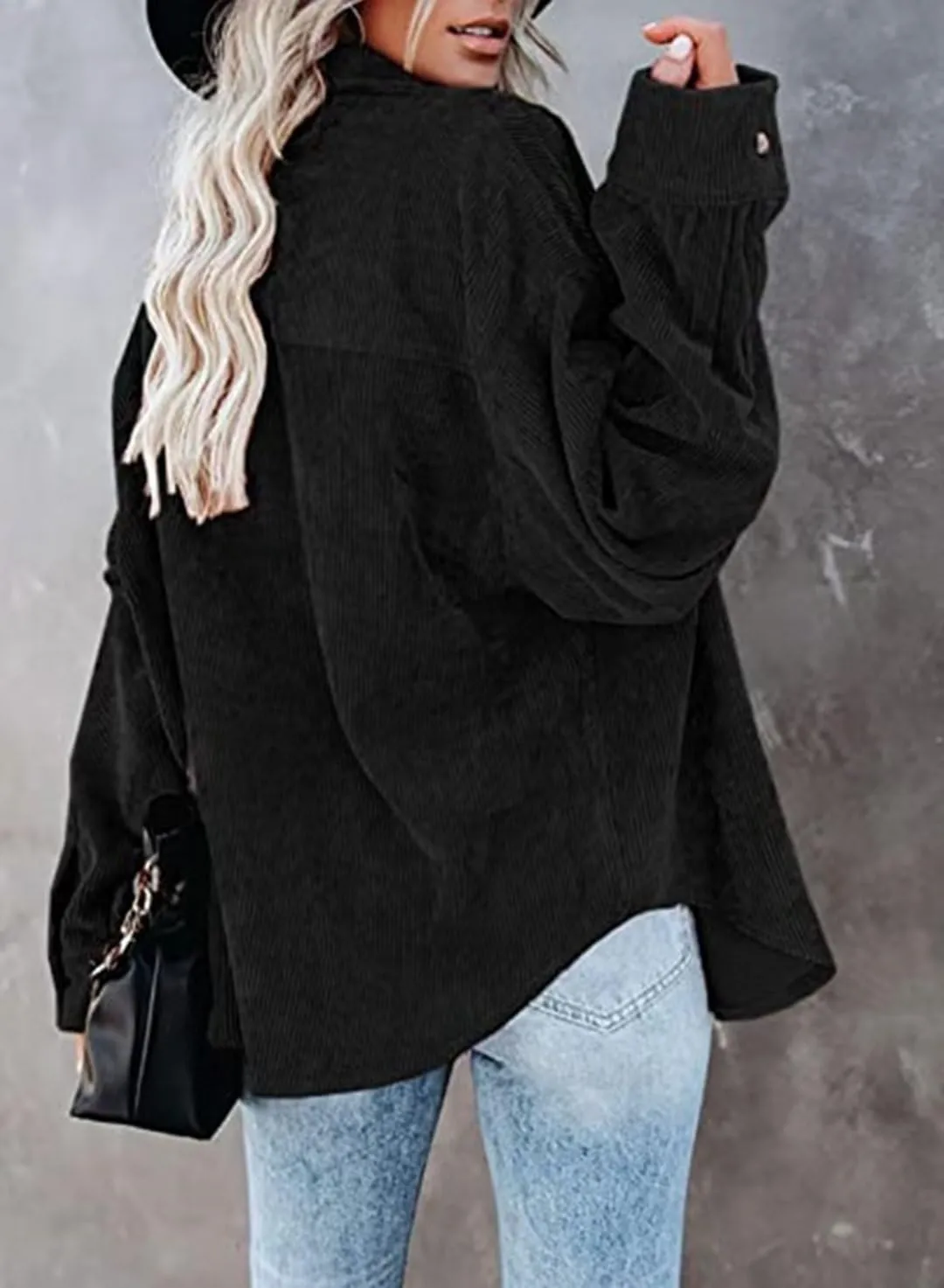 Corduroy Button Down Shirts for Women Boyfriend Long Sleeve Pocket Oversized Blouses Tops