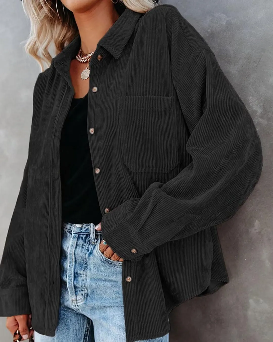Corduroy Button Down Shirts for Women Boyfriend Long Sleeve Pocket Oversized Blouses Tops
