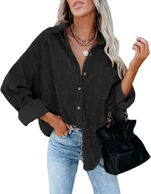Corduroy Button Down Shirts for Women Boyfriend Long Sleeve Pocket Oversized Blouses Tops