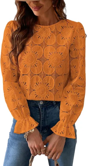 CUPSHE Women Eyelet Long Sleeve Tops Shirts Dressy Hollow Out Crochet Lace Embroidered Blouses 2025 Fashion