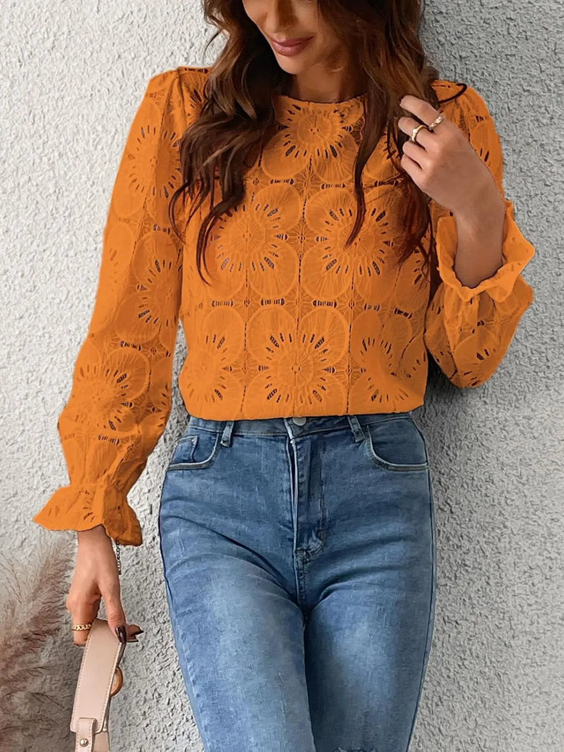 CUPSHE Women Eyelet Long Sleeve Tops Shirts Dressy Hollow Out Crochet Lace Embroidered Blouses 2025 Fashion