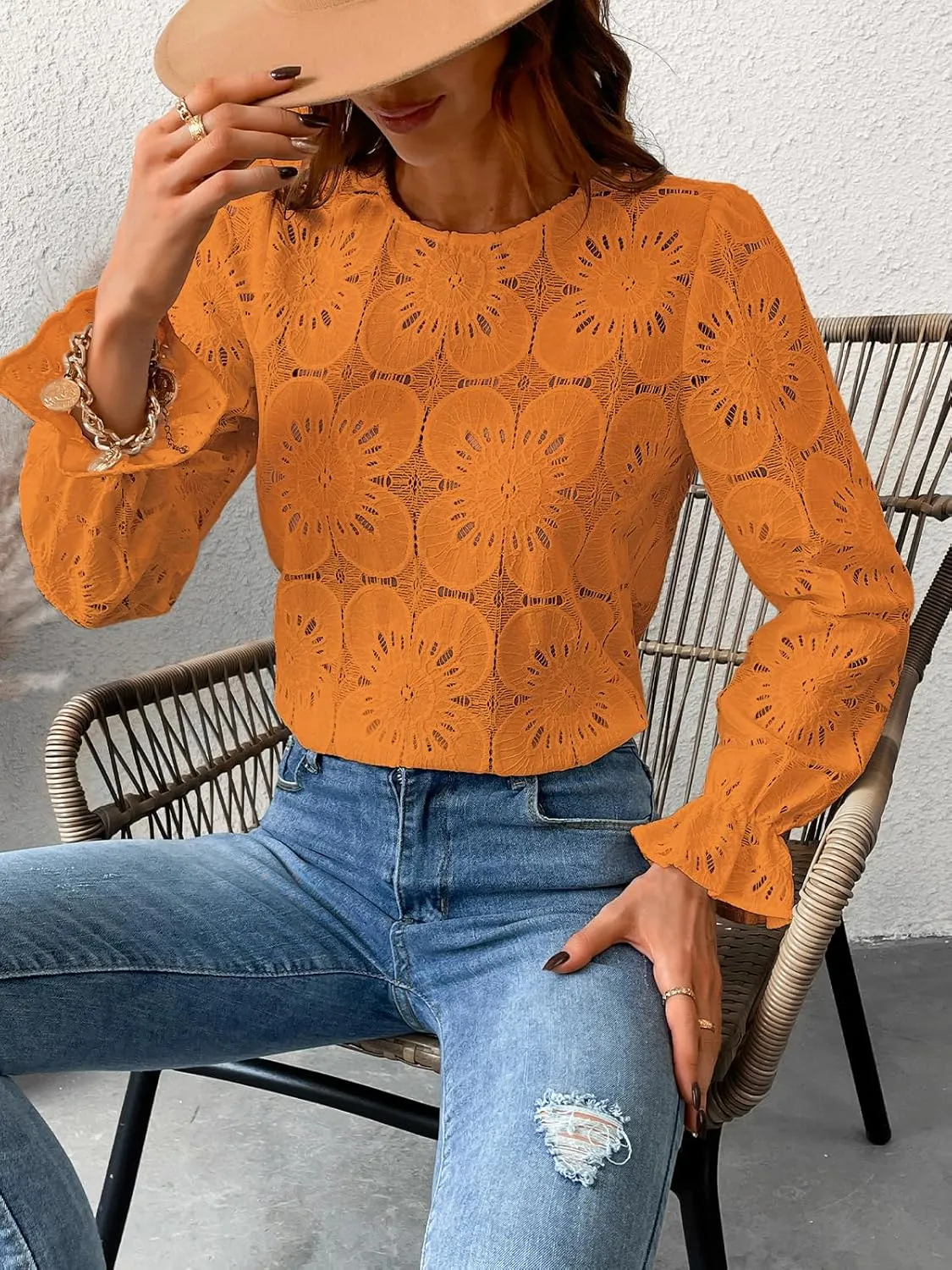 CUPSHE Women Eyelet Long Sleeve Tops Shirts Dressy Hollow Out Crochet Lace Embroidered Blouses 2025 Fashion