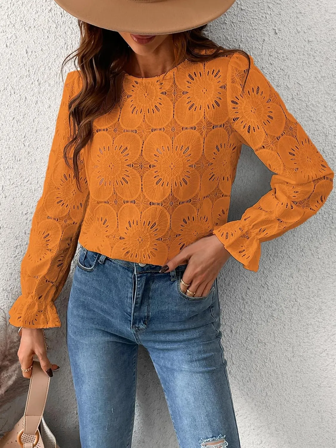CUPSHE Women Eyelet Long Sleeve Tops Shirts Dressy Hollow Out Crochet Lace Embroidered Blouses 2025 Fashion
