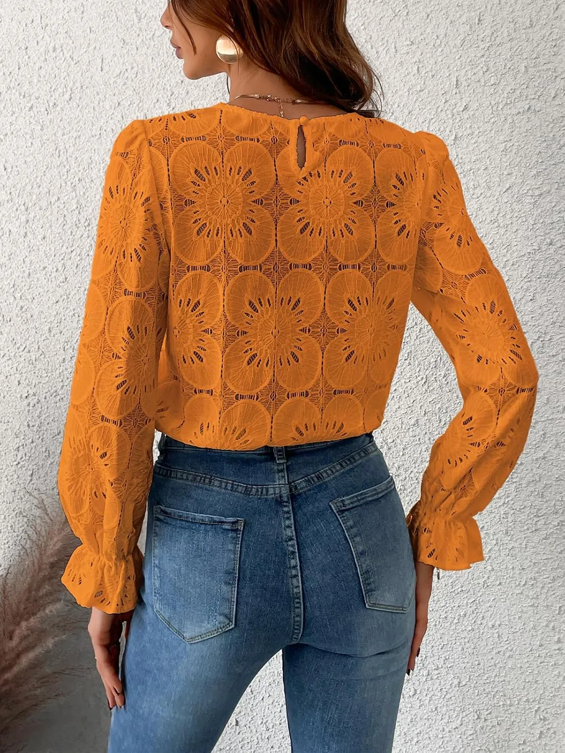 CUPSHE Women Eyelet Long Sleeve Tops Shirts Dressy Hollow Out Crochet Lace Embroidered Blouses 2025 Fashion