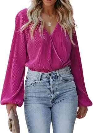 CUPSHE Women Long Lantern Sleeve Shirts Tops Dressy Casual Loose Fit V Neck Blouses