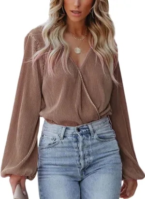 CUPSHE Women Long Lantern Sleeve Shirts Tops Dressy Casual Loose Fit V Neck Blouses
