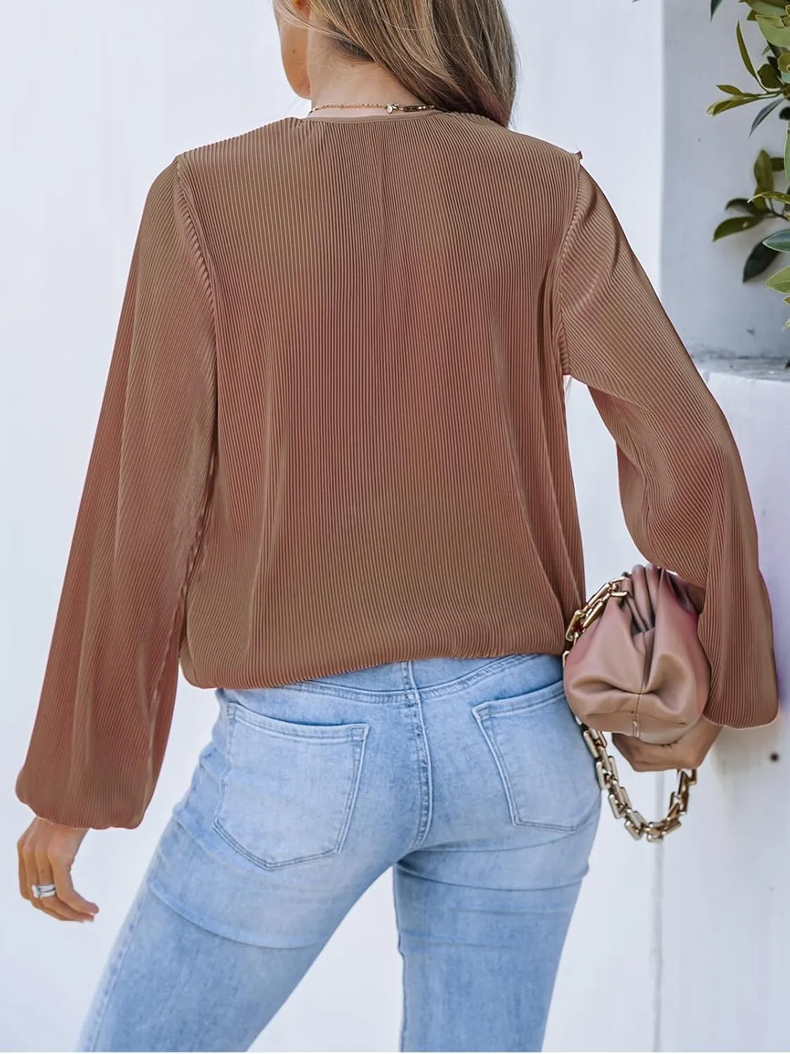 CUPSHE Women Long Lantern Sleeve Shirts Tops Dressy Casual Loose Fit V Neck Blouses