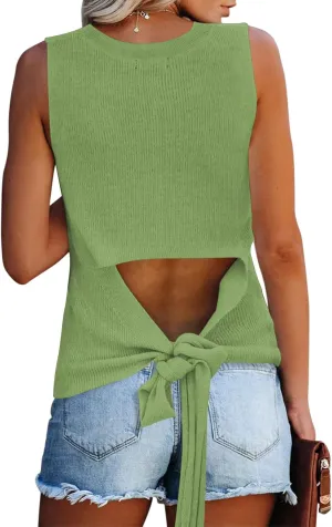 Cutiefox Women's Knit Tank Tops Sleeveless Summer Loose Tie Back Casual Vest Shirts Blouses