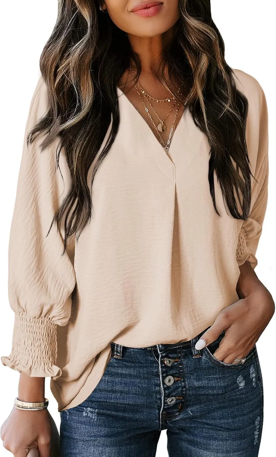 Dokotoo Women Blouses Dressy Casual V Neck 3/4 Length Sleeve Womens Tops with Smocked Cuffs