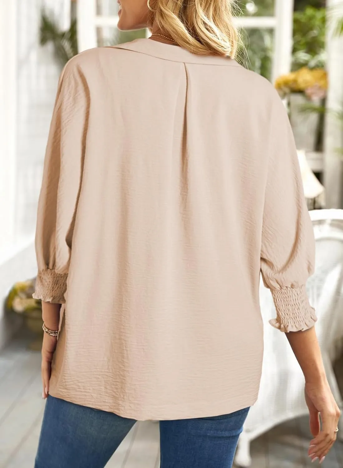 Dokotoo Women Blouses Dressy Casual V Neck 3/4 Length Sleeve Womens Tops with Smocked Cuffs