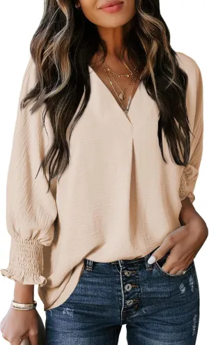 Dokotoo Women Blouses Dressy Casual V Neck 3/4 Length Sleeve Womens Tops with Smocked Cuffs