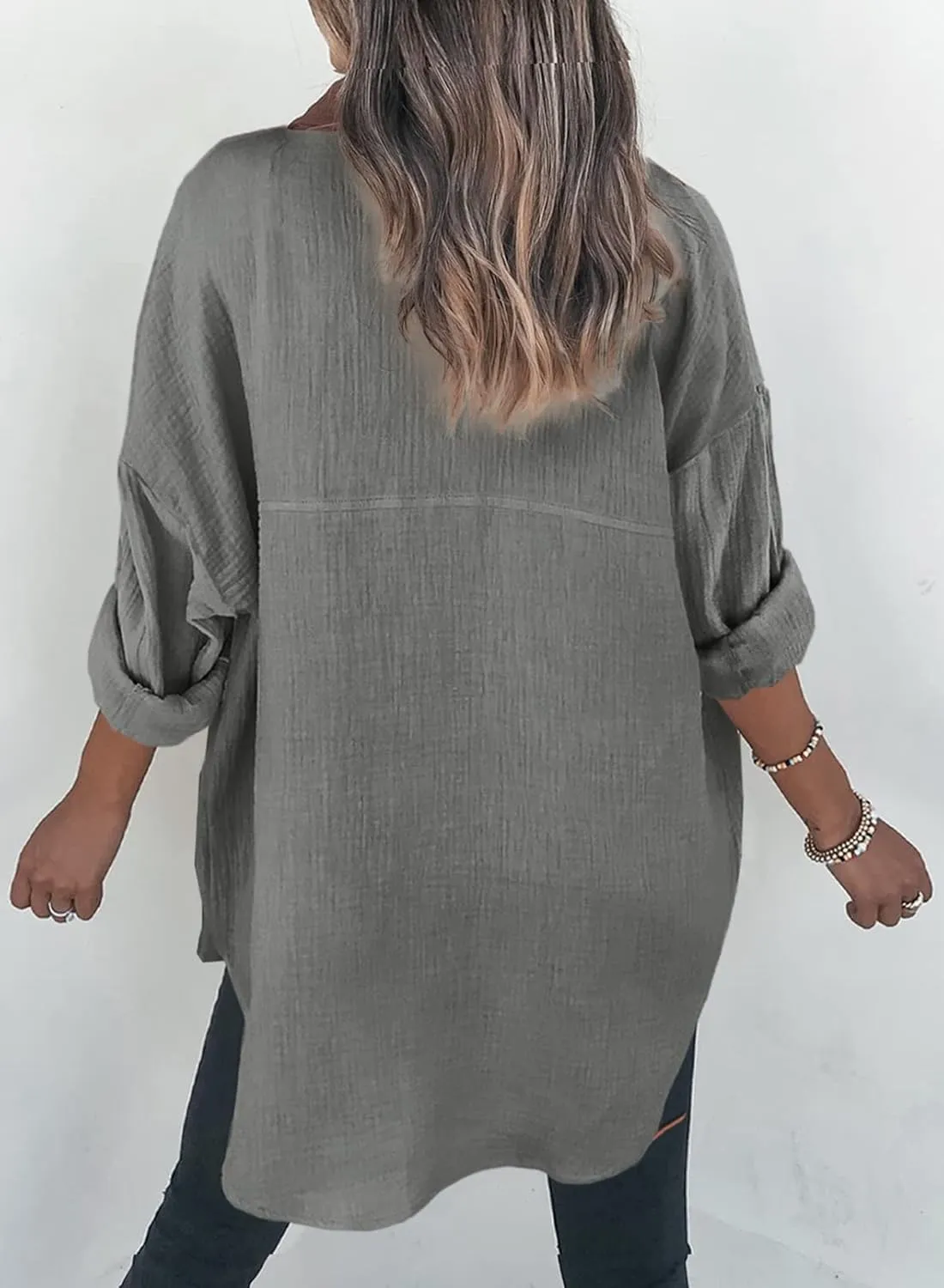 Dokotoo Womens Color Block Button Down Shirts Long Sleeve Oversized Boyfriend Blouses Tops
