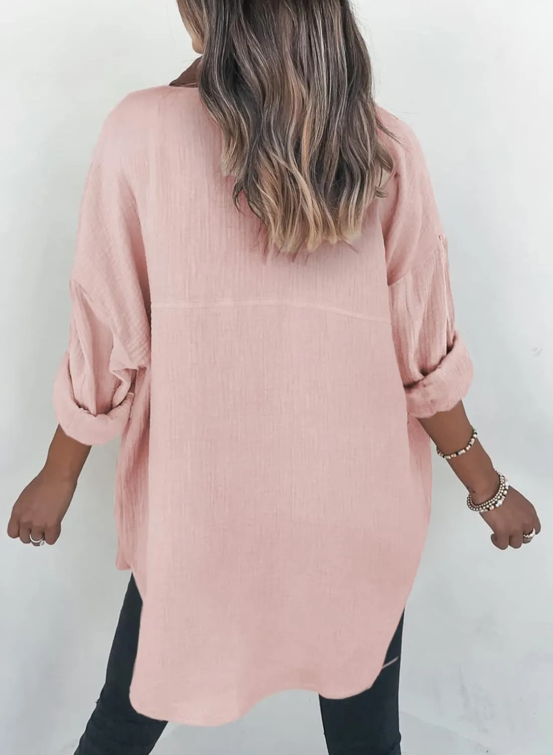 Dokotoo Womens Color Block Button Down Shirts Long Sleeve Oversized Boyfriend Blouses Tops