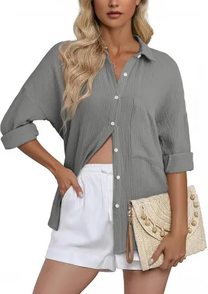 Dokotoo Womens Color Block Button Down Shirts Long Sleeve Oversized Boyfriend Blouses Tops