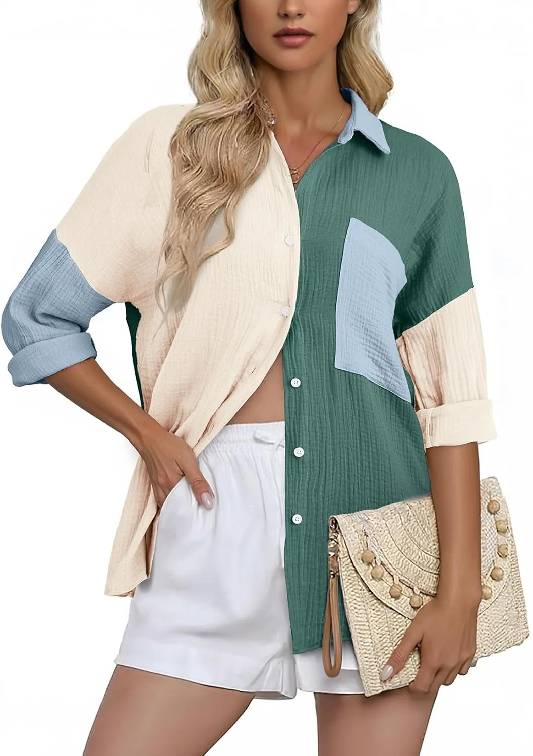 Dokotoo Womens Color Block Button Down Shirts Long Sleeve Oversized Boyfriend Blouses Tops