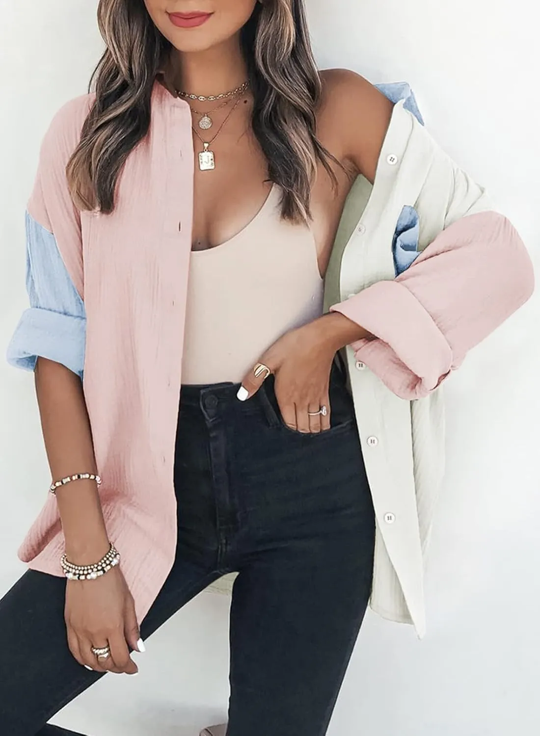 Dokotoo Womens Color Block Button Down Shirts Long Sleeve Oversized Boyfriend Blouses Tops