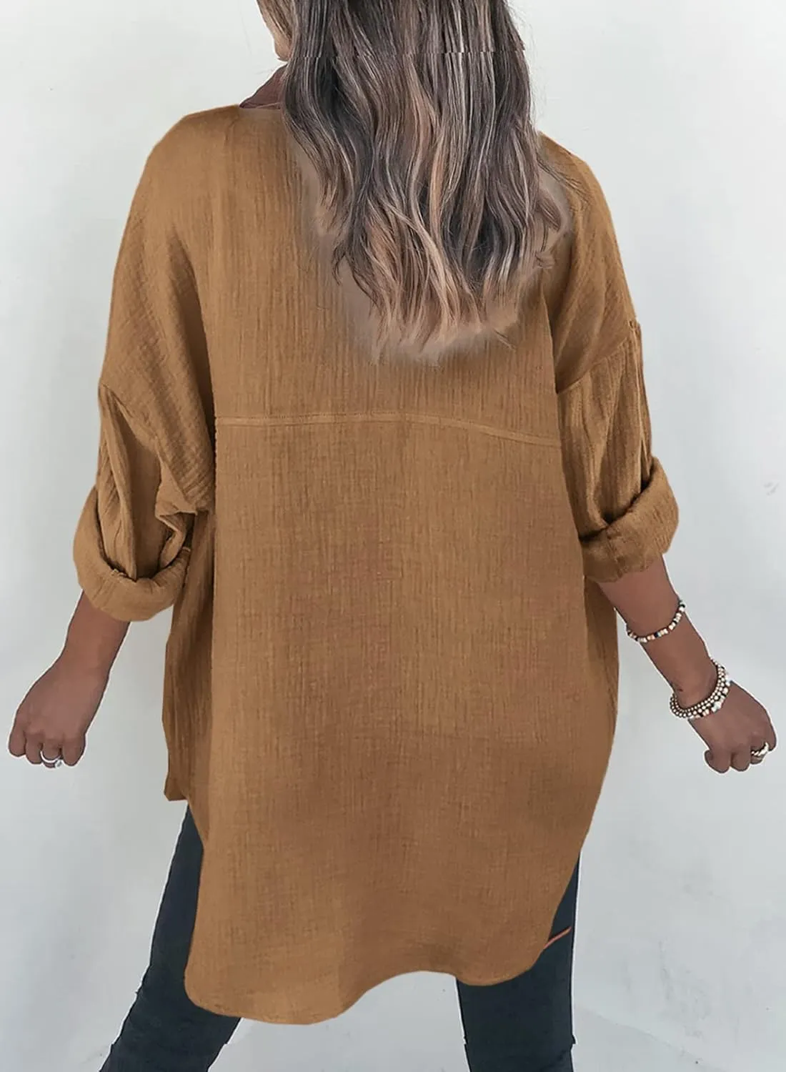 Dokotoo Womens Color Block Button Down Shirts Long Sleeve Oversized Boyfriend Blouses Tops