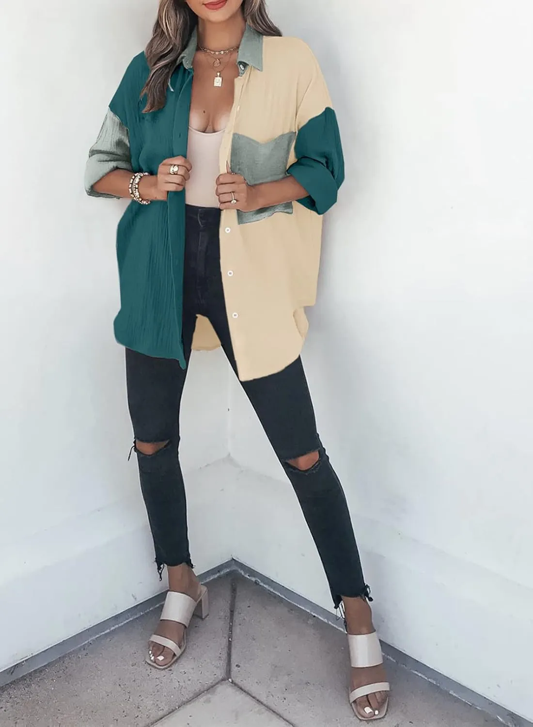 Dokotoo Womens Color Block Button Down Shirts Long Sleeve Oversized Boyfriend Blouses Tops