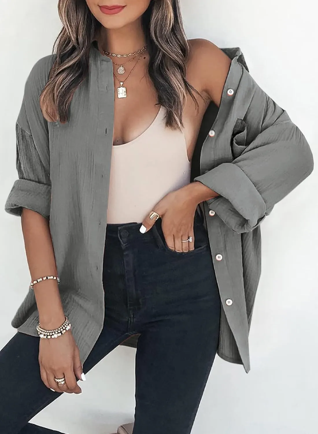 Dokotoo Womens Color Block Button Down Shirts Long Sleeve Oversized Boyfriend Blouses Tops
