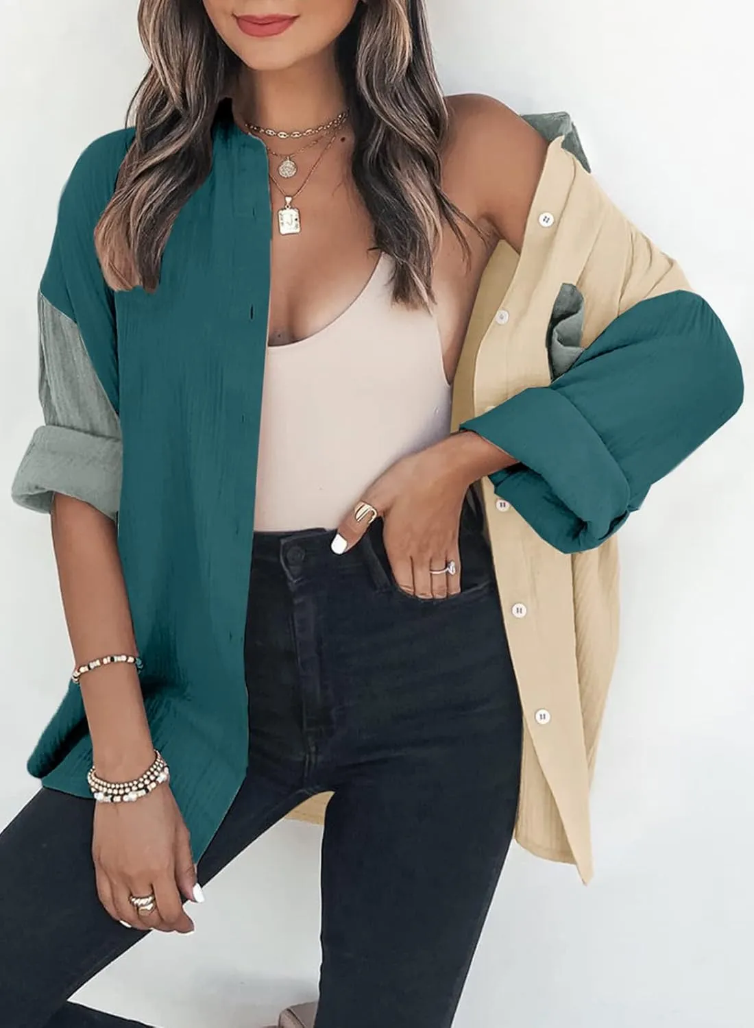 Dokotoo Womens Color Block Button Down Shirts Long Sleeve Oversized Boyfriend Blouses Tops