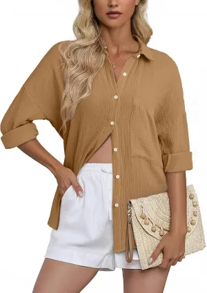 Dokotoo Womens Color Block Button Down Shirts Long Sleeve Oversized Boyfriend Blouses Tops