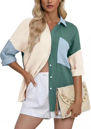 Dokotoo Womens Color Block Button Down Shirts Long Sleeve Oversized Boyfriend Blouses Tops