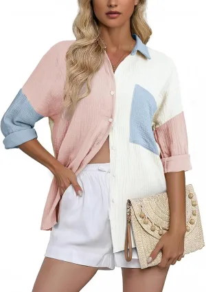 Dokotoo Womens Color Block Button Down Shirts Long Sleeve Oversized Boyfriend Blouses Tops