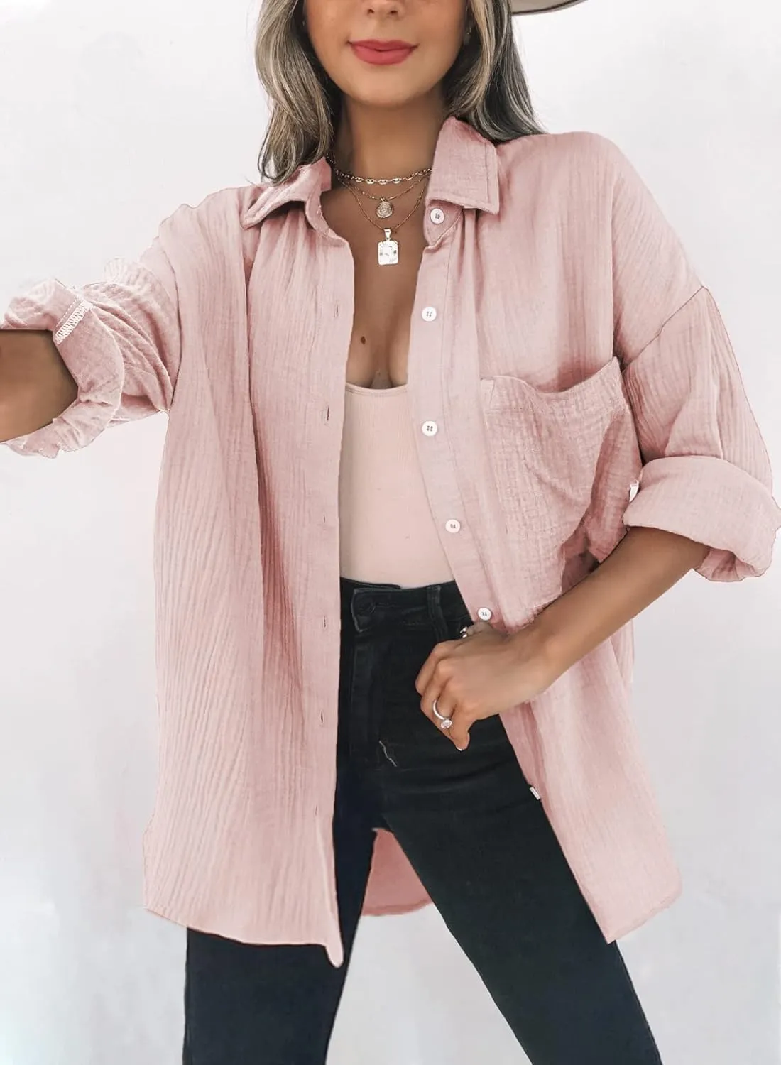 Dokotoo Womens Color Block Button Down Shirts Long Sleeve Oversized Boyfriend Blouses Tops